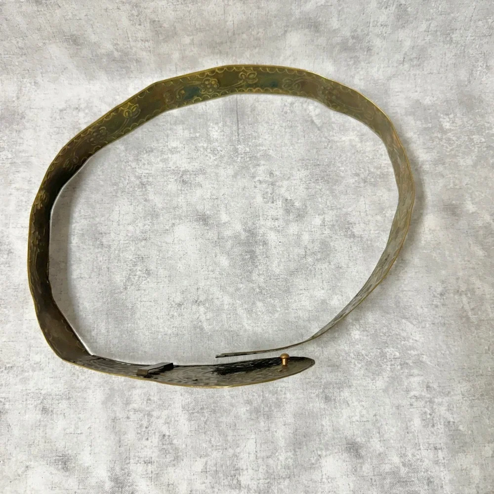 Vintage Brass & Copper Etched Metal Belt  Red Cabochon Centerpiece Made in India